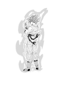  1boy absurdres aura boots dougi dragon_ball dragon_ball_super dragon_ball_z dragon_ball_z_fukkatsu_no_f dragonball_z fenyon from_behind full_body greyscale highres monochrome muscular muscular_male pants simple_background solo son_goku spiked_hair super_saiyan super_saiyan_blue tunic white_background 