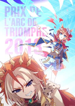  2girls absurdres ahoge animal_ears ascot belt black_ascot blue_belt blue_eyes blue_neckerchief blue_shirt blue_shorts bow braid breasts brown_hair clenched_teeth coat commentary dixie_cup_hat ear_bow ear_covers ears_through_headwear english_commentary fur_trim gem gloves green_gem hair_between_eyes hat highres horse_ears horse_girl horse_tail long_hair long_sleeves military_hat mini_hat multicolored_hair multiple_girls neckerchief open_mouth orange_hair orfevre_(control)_(umamusume) orfevre_(umamusume) sailor_hat scalizo shirt shorts single_ear_cover single_glove single_sleeve tail teeth two-tone_hair umamusume venus_paques_(umamusume) white_coat white_gloves white_hair white_hat 