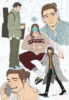  1boy absurdres adam's_apple azumane_asahi breath brown_eyes brown_hair cardigan carrying carrying_over_shoulder carrying_under_arm casual cellphone character_name closed_eyes coat collage collared_shirt covered_face cup document_tube dress_shoes expressionless facial_hair goatee haikyuu!! hair_bun hair_down headphones highres hood hooded_cardigan hot_drink jewelry jotuesday19 long_hair long_sideburns loungewear male_focus mask mouth_mask muscular muscular_male orange_shirt phone portfolio ring sandals shirt shoes sideburns single_hair_bun sneakers solo spoken_squiggle squiggle talking_on_phone text_background trench_coat tube_socks umbrella walking white_background white_shirt 