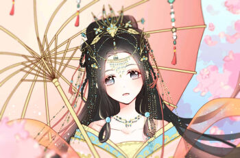  1girl bare_shoulders bead_necklace beads black_hair blue_eyes blue_sky braid braided_hair_rings branch cherry_blossoms chinese_clothes chinese_commentary chinese_hairpin collarbone commentary_request dot_nose eyelashes eyeshadow fiery_phoenix_(miracle_nikki) flower forehead hagoromo hair_beads hair_bobbles hair_ornament hair_ribbon hair_rings hanfu happy jewelry light_blush light_particles long_hair low-tied_sidelocks makeup miqing miracle_nikki necklace nikki_(series) off_shoulder oil-paper_umbrella open_mouth petals pink_eyeshadow pink_flower pink_hanfu pink_umbrella red_ribbon ribbon shawl sidelocks sky smile solo tareme tassel tassel_hair_ornament umbrella umbrella_over_shoulder upper_body very_long_hair 