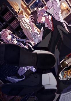  >:o 108tooya 1boy 1girl :o adjusting_clothes adjusting_headwear alcohol analog_clock angry arm_behind_head arm_up arms_up ashtray black_dress black_pants black_pantyhose black_ribbon black_vest blurry book book_stack bookshelf brown_eyes brown_hat buttons cat chair cigarette cigarette_butt clock clock_tower cloud cloudy_sky coat coat_rack collar collarbone crossed_ankles curtains depth_of_field desk detective dress dress_shirt dutch_angle eye_contact eyes_visible_through_hair facial_hair feet_up formal_clothes frilled_collar frilled_dress frilled_sleeves frills full_moon goatee gothic_lolita hairband hand_on_own_hip hat high_collar index_finger_raised indoors lamppost layered_dress light_brown_hair lolita_fashion lolita_hairband long_hair long_sleeves looking_at_another looking_to_the_side loose_necktie matchbox matches moon neck_ribbon necktie newsboy_cap newspaper night office_chair on_chair open_mouth original oxfords pants pantyhose pen photo_(object) popped_collar red_necktie ribbon ribbon-trimmed_dress ribbon-trimmed_sleeves ribbon_trim shirt shoes short_hair silver_hair sitting sky sleeves_rolled_up smoking socks standing striped_clothes striped_pantyhose stubble swivel_chair teeth tower trench_coat v-shaped_eyebrows very_long_hair vest watch whiskey white_dress white_pantyhose white_shirt window wing_collar wooden_floor wristwatch 