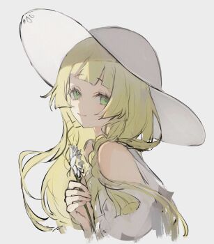 1girl absurdres bare_shoulders blonde_hair blunt_bangs closed_mouth fingernails flower green_eyes hand_up hat highres holding holding_flower lillie_(pokemon) long_hair looking_at_viewer nintendo pokemon pokemon_sm simple_background smile solo toke_ino upper_body white_background white_hat 