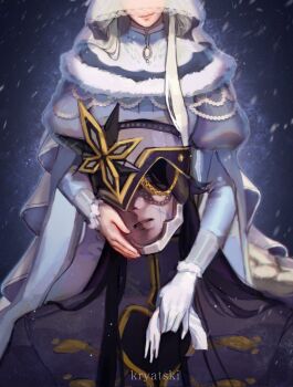  1boy 1girl artist_name black_hair blonde_hair blue_background blue_dress capitano_(genshin_impact) closed_eyes closed_mouth commentary death dress english_commentary eye_mask faceless faceless_female formal_clothes from_behind genshin_impact gloves hand_on_another's_face head_tilt helmet highres holding kkryatski long_hair long_sleeves lower_body mask no_eyes parted_lips pink_lips scar scar_on_face shade snow snowing spoilers suit tan tsaritsa_(genshin_impact) upper_body veil white_gloves white_veil winter winter_clothes winter_uniform 