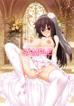  1girl anus ass bare_shoulders black_hair blush breasts bridal_veil collarbone dress elbow_gloves gloves holding holding_panties holding_underwear holding_unworn_clothes kuroki_michi large_breasts long_hair looking_at_viewer nipples nora_to_oujo_to_noraneko_heart official_art oozora_itsuki open_mouth panties petals pussy_juice red_eyes sample_watermark see-through_clothes see-through_veil side-tie_panties solo thighhighs thighs underwear untied_panties unworn_panties veil watermark wedding_dress white_dress white_gloves white_panties white_thighhighs white_veil 