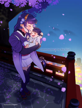  1boy 1girl absurdres alternate_costume alternate_universe arms_up artist_name baby blue_sky blurry blurry_background blush bridal_gauntlets carrying cherry_blossoms clenched_hands closed_eyes commentary commission commissioner_name creator_and_creation english_commentary eyeliner falling_petals from_above from_side full_body genshin_impact hair_ornament happy highres imminent_kiss japanese_clothes kimono kiss kissing_forehead makeup monochromepen mother_and_child mother_and_son night open_mouth outdoors petals purple_hair purple_kimono raiden_shogun red_eyeliner scaramouche_(genshin_impact) scaramouche_(kabukimono)_(genshin_impact) shade shadow sky smile standing thighhighs tree 