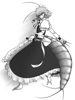  1girl abdomen_tail antennae apron arthropod_girl arthropod_limbs between_fingers blue_eyes bow braid closed_mouth commentary dress english_commentary floating_hair frilled_dress frilled_wrist_cuffs frills from_behind frown full_body gin_ichimaru72 glasses green_bow grey_hair hair_bow half-closed_eyes highres holding holding_knife izayoi_sakuya knife knives_between_fingers looking_back maid maid_headdress medium_hair monsterification multiple_hair_bows pince-nez puffy_short_sleeves puffy_sleeves shadow short_sleeves solo standing touhou twin_braids waist_apron waist_bow weevil wrist_cuffs 