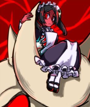  1girl alternate_color alternate_hair_color alternate_skin_color apron black_hair bloody_marie_(skullgirls) blue_fire brooch child colored_skin dress expressionless female_focus fire frills frown hair_ornament horns jewelry long_dress looking_at_viewer maid maid_headdress mary_janes mochinaga red_background red_eyes red_skin ribs shoes short_twintails sidelocks sitting skull skull_hair_ornament skullgirls solo symbol-shaped_pupils twintails white_legwear  rating:General score:4 user:CerberusPhoenix