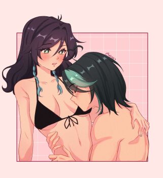 2girls anggeese bikini black_bikini black_hair blue_streaks blush breasts closed_eyes commentary english_commentary genderswap genderswap_(mtf) genshin_impact green_eyes green_streaks hand_on_another's_shoulder hands_on_another's_waist highres kissing_breast large_breasts multicolored_hair multiple_girls nude parted_lips pink_background streaked_hair swimsuit venti_(genshin_impact) xiao_(genshin_impact) yuri 