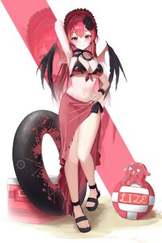  ... 1girl absurdres akane_lize alternate_costume arm_behind_head arm_up armpits bikini black_flower black_rose black_sandals bonnet breasts closed_mouth commentary_request cooler double-parted_bangs fang flower full_body hair_flower hair_ornament highres innertube korean_commentary large_breasts leg_up modon_(abwqe12132) multicolored_bikini navel pienna_(akane_lize) pink_sarong red_eyes red_hair rose sandals sarong see-through_clothes see-through_sarong simple_background smile solo standing standing_on_one_leg stellive stomach swim_ring swimsuit thigh_strap vampire white_background wings 