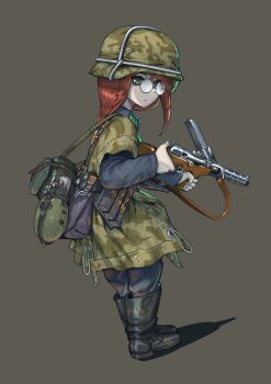  1girl ammunition_pouch black_boots boots camouflage camouflage_headwear camouflage_jacket collar_tabs combat_helmet commentary english_commentary erica_(naze1940) erma_emp glasses green_eyes grey_background grey_pants gun gun_sling helmet highres jacket luftwaffe military_combat_uniform military_uniform original pants pouch red_hair solo stahlhelm submachine_gun weapon 