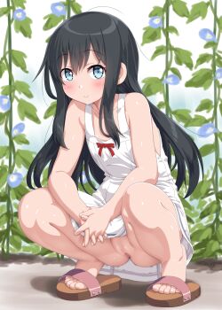1girl asashio_(kancolle) bare_shoulders black_hair blue_eyes blush censored commentary_request dd_(ijigendd) dress flat_chest flower full_body highres interlocked_fingers kantai_collection loli looking_at_viewer mosaic_censoring no_panties own_hands_together pussy sandals solo spread_legs squatting sundress toes upskirt white_dress rating:Explicit score:114 user:danbooru