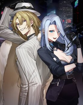  1boy 1girl absurdres artist_name black_gloves black_skirt blonde_hair blue_eyes breasts cleavage commentary earrings formal_clothes glasses gloves grey_hair hair_between_eyes hat highres holding holding_removed_eyewear jewelry luca_kaneshiro monarch_amalee nijisanji nijisanji_en no_tattoo open_mouth pinstripe_pattern pinstripe_suit purple_eyes skirt smile suit unworn_eyewear vshojo white_hat white_suit yuni_miii 