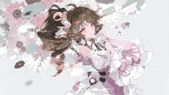  1girl animal_ears ardelia_(arknights) arknights arknights:_endfield bare_shoulders brown_hair detached_sleeves drill_hair drill_ponytail eteru eyjafjalla_(arknights) fingerless_gloves gloves grey_background high_ponytail highres horns logo long_hair looking_at_viewer official_art ponytail red_eyes sheep_ears sheep_girl sheep_horns solo watermark white_gloves 