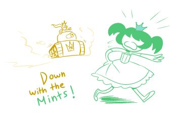  4chan brown_dress candy_contest crown dress english_text gloves green_dress green_hair military military_vehicle motor_vehicle peanut_butter_princess ponytail princess_mini short_twintails surprised tank twintails 