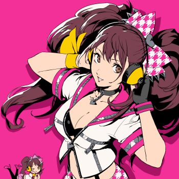  1girl absurdres asdf_4532 black_bra black_choker bow bra bracelet breasts brown_eyes brown_hair chibi choker cleavage fingerless_gloves gloves hair_bow hands_on_headphones hashtag-only_commentary headphones highres houndstooth jacket jewelry kujikawa_rise large_bow long_hair looking_at_viewer medium_breasts midriff multicolored_jacket navel official_alternate_costume parted_lips persona persona_4 persona_4:_dancing_all_night persona_dancing pink_background simple_background single_glove skirt solo teeth twintails underwear unmoving_pattern white_jacket zipper zipper_pull_tab 