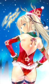  1girl antlers ass backless_leotard backless_outfit bare_shoulders black_ribbon blonde_hair blue_eyes breasts character_name christmas commentary_request cowboy_shot dead_or_alive elbow_gloves fake_antlers from_behind fur-trimmed_headwear fur_trim gloves green_gloves hair_ornament hair_ribbon hands_on_own_hips hat horned_hat horns leotard long_hair looking_at_viewer looking_back marie_rose min-naraken night o-ring outdoors pom_pom_(clothes) red_gloves red_hat red_leotard red_thighhighs ribbon santa_hat small_breasts snowing solo standing star_(sky) thigh_gap thighhighs twintails x_hair_ornament 