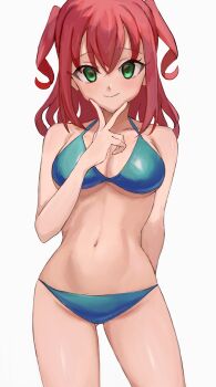  1girl absurdres alternate_costume arm_behind_back bare_arms bare_shoulders bikini blue_bikini breasts closed_mouth collarbone commentary_request cowboy_shot gluteal_fold green_eyes grey_background hair_between_eyes halterneck hand_up highres looking_at_viewer medium_breasts medium_hair midori_usagi navel red_hair shoujo_kageki_revue_starlight shoujo_kageki_revue_starlight_-re_live- simple_background smile solo standing stomach swimsuit takachiho_stella two_side_up underboob v v_over_mouth 