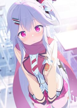  1girl asymmetrical_legwear blazer blurry blurry_background blush breasts classroom closed_mouth cowboy_shot depth_of_field desk doruzou18 double-parted_bangs eyelashes fingerless_gloves fringe_trim frown gloves hair_between_eyes hair_ornament hairclip hanasaki_work_spring highres indoors jacket long_hair long_sleeves looking_at_viewer miniskirt mismatched_legwear necktie one_side_up open_clothes open_jacket pink_scarf pink_skirt plaid_clothes plaid_skirt pleated_skirt red_scarf red_skirt ribbon scarf school_desk school_uniform shiranui_inori shirt side_ponytail sidelocks skirt solo standing striped_clothes striped_necktie thighhighs v_arms very_long_hair white_shirt yellow_jacket zettai_ryouiki 