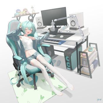  1girl absurdres aqua_hair cardigan chair character_doll desk doll fang full_body gaming_chair hatsune_miku highres instrument jacket kabanoki kagamine_len kagamine_rin kaito_(vocaloid) keyboard_(instrument) long_hair long_sleeves looking_at_viewer megurine_luka meiko_(vocaloid) microphone mixing_console monitor navel niconico on_chair one_eye_closed open_clothes open_jacket open_mouth pop_filter revision shelf short_shorts shorts signature sitting skirt solo speaker spring_onion spring_onion_print stomach stretching swivel_chair terebi-chan thighhighs twintails very_long_hair vocaloid white_skirt white_thighhighs yawning 