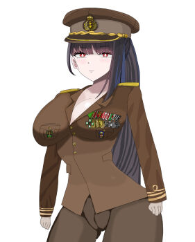  1girl black_hair blue_archive breasts brown_jacket hat highres hungary image_sample jacket k3bbys long_hair medal military military_hat military_uniform non-web_source peaked_cap pixiv_sample red_eyes 