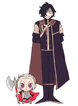  >:< 1boy 1girl armor arms_behind_back axe blush cape chibi do_m_kaeru edelgard_von_hresvelg fire_emblem fire_emblem:_three_houses fire_emblem_warriors fire_emblem_warriors:_three_hopes full_body hubert_von_vestra nintendo red_cape shaded_face simple_background size_difference standing white_background white_hair 