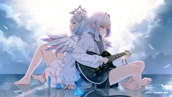  2girls amane_kanata back-to-back bare_legs barefoot black_shorts blue_nails casino_(casinoep) commentary_request feathers feet full_body grey_hair guitar hair_intakes halo highres holding holding_guitar holding_instrument hololive hood hooded_jacket instrument jacket long_sleeves medium_hair multiple_girls nail_polish puffy_long_sleeves puffy_sleeves reflective_floor shorts sitting soles star_halo toenail_polish toenails toes virtual_youtuber white_jacket white_wings wings 