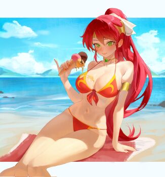  1girl arm_support armlet artist_logo bare_shoulders beach beach_mat bikini blue_sky breasts circlet closed_mouth cloud commentary day english_commentary feet_out_of_frame food food_on_body food_on_breasts front-tie_bikini_top front-tie_top gem gold_armlet green_eyes green_gem hair_between_eyes highres holding holding_food holding_ice_cream holding_ice_cream_cone hymin ice_cream ice_cream_cone jewelry large_breasts logo long_hair looking_at_viewer melting mountainous_horizon multicolored_bikini multiple_scoops nail_polish navel neck_ring ocean outdoors pinky_out ponytail pyrrha_nikos red_bikini red_hair red_nails rwby sand shore sitting sky solo string_bikini swimsuit two-tone_bikini very_long_fingernails very_long_hair water yellow_bikini 