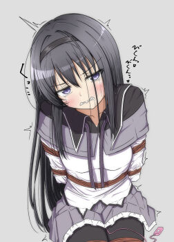  1girl absurdres akemi_homura akemi_homura_(magical_girl) angry arms_behind_back bdsm black_collar black_hair black_hairband black_pantyhose blush bondage bound bound_arms bound_legs bound_thighs bound_torso capelet clenched_teeth collar crying crying_with_eyes_open dress_shirt drooling facing_viewer frilled_skirt frills from_above grey_background grey_skirt hair_between_eyes hair_intakes hairband highres japanese_text legs_tied_together legs_together loli long_hair long_sleeves looking_at_viewer magical_girl mahou_shoujo_madoka_magica messy_hair pale_skin pantyhose purple_eyes purple_ribbon reno_3tomato ribbon rope saliva sex_toy shibari shibari_over_clothes shirt simple_background sitting skirt sound_effects tears teeth very_long_hair vibrator vibrator_cord vibrator_under_clothes white_shirt 