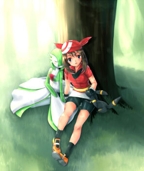  2girls bandana blue_eyes brown_hair closed_eyes gardevoir gen_2_pokemon gen_3_pokemon grass green_background green_hair legs may_(pokemon) multiple_girls nintendo pokemon pokemon_(creature) sirnight sitting smile tree umbreon yuki_usagi_(mofurafu)  rating:Sensitive score:38 user:danbooru