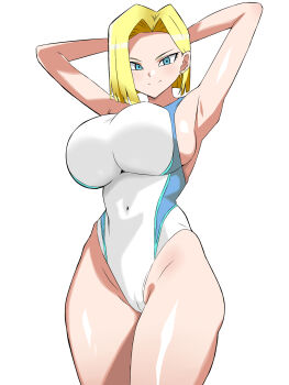  1girl alternate_breast_size_(larger) android_18 arms_behind_head blonde_hair blue_eyes breasts cameltoe commentary_request competition_swimsuit covered_navel cowboy_shot dragon_ball earrings forehead hair_intakes highleg highleg_one-piece_swimsuit highres huge_breasts jewelry kagemusha looking_at_viewer one-piece_swimsuit short_hair simple_background smile solo swimsuit two-tone_swimsuit white_background white_one-piece_swimsuit  rating:Sensitive score:19 user:danbooru