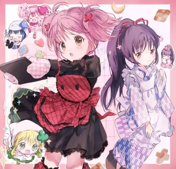  >_< 1boy 5girls apron black_dress black_hair blonde_hair blue_hair blunt_bangs blush commentary_request cookie cross_hair_ornament dress food fujisaki_nadeshiko hair_ornament hano_luno highres hinamori_amu holding holding_pom_poms holding_whisk japanese_clothes kimono leg_warmers miki_(shugo_chara!) multiple_girls pink_hair pom_pom_(cheerleading) pom_poms ponytail ran_(shugo_chara!) red_apron shugo_chara! smile suu_(shugo_chara!) temari_(shugo_chara!) twintails whisk 