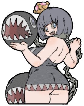  1girl ass black_hair blue_eyes bob_cut breasts chain chain_chomp collar dress from_behind holding holding_chain large_breasts looking_back mario_(series) medium_hair microdress new_super_mario_bros._u_deluxe nintendo pantsu-ripper plump princess_chain_chomp sharp_teeth solo super_crown teeth thick_thighs thighs 