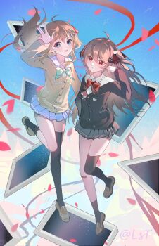  2girls absurdres ahoge aqua_bow aqua_bowtie arm_up asymmetrical_legwear bandaid bandaid_on_knee bandaid_on_leg black_cardigan black_skirt black_socks black_thighhighs blue_eyes blue_skirt bow bowtie broken_heart broken_heart_hair_ornament brown_hair brown_shoes cardigan closed_mouth commentary dress_shirt english_commentary evil_neuro-sama from_side full_body hair_between_eyes hair_ornament hair_ribbon heart heart_hair_ornament highres leafthreet loafers long_hair long_sleeves looking_at_viewer miniskirt multiple_girls neuro-sama off-shoulder_cardigan open_mouth pleated_skirt red_bow red_bowtie red_eyes red_ribbon ribbon shirt shoes single_sock single_thighhigh skirt socks thighhighs two_side_up uneven_legwear vedal_ai white_shirt yellow_cardigan 