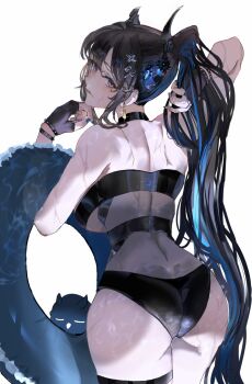  1girl adjusting_hair ass asymmetrical_horns awaken_fuuta black_gloves black_hair black_one-piece_swimsuit blue_hair blue_nails breasts casual_one-piece_swimsuit colored_inner_hair commentary_request demon_horns fingerless_gloves fingernails flower flower_knot fortissimo from_behind gloves hair_between_eyes hair_ornament high_ponytail highres holding holding_swim_ring hololive hololive_english horn_flower horns hot_limit innertube jailbird_(nerissa_ravencroft) large_breasts lips long_hair looking_at_viewer looking_back median_furrow mole mole_under_eye multicolored_hair musical_note musical_note_hair_ornament nerissa_ravencroft nerissa_ravencroft_(holonatsu_paradise) official_alternate_costume one-piece_swimsuit parted_lips ponytail red_eyes see-through_clothes see-through_one-piece_swimsuit shoulder_blades sideboob simple_background solo swim_ring swimsuit tassel tassel_hair_ornament two-tone_hair uneven_horns very_long_hair virtual_youtuber wet white_background 