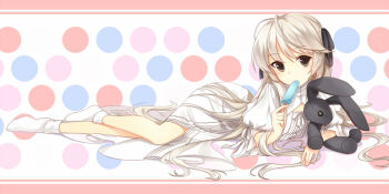 1girl antenna_hair arm_support black_ribbon border brown_eyes dress eating expressionless flat_chest food full_body hair_ribbon holding holding_food holding_popsicle holding_stuffed_toy hug kasugano_sora kyuri_tizu long_hair looking_at_viewer lying on_side pink_border polka_dot polka_dot_background popsicle puffy_short_sleeves puffy_sleeves ribbon short_sleeves solo straight_hair stuffed_animal stuffed_rabbit stuffed_toy very_long_hair white_background white_dress white_hair yosuga_no_sora rating:Sensitive score:3 user:danbooru