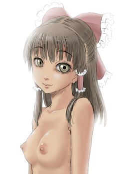 1girl ao_usagi bloom bow breasts brown_eyes brown_hair collarbone female_focus hair_bow hair_tubes hakurei_reimu long_hair nipples nude simple_background small_breasts solo touhou upper_body white_background 