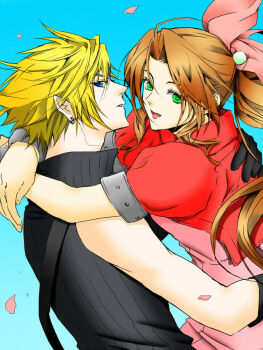 1990s_(style) 1boy 1girl aerith_gainsborough blonde_hair blue_eyes bluebirdsky brown_hair cloud_strife couple dress earrings final_fantasy final_fantasy_vii green_eyes jacket jewelry long_hair pink_ribbon ponytail ribbon short_hair sleeveless sleeveless_turtleneck turtleneck 