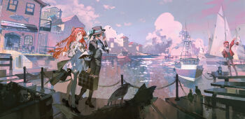  3girls absurdres apple_(reverse:1999) aqua_dress arm_up ascot beret bird black_boots black_bow black_bowtie black_coat black_hat black_pants black_vest blue_bow blue_sky boots bow bowtie building carbuncle_(reverse:1999) checkered_hairband chinese_commentary cloud cloudy_sky coat commentary_request creature dog dress eyewear_on_head full_body fuusen glass_pen gloves green_eyes grey_eyes grey_hair hair_bun hairband harbor hat hat_bow highres holding holding_notebook holding_pen holding_suitcase jacket looking_at_another multiple_girls night_heron notebook ocean orange_hair outdoors pants pants_under_dress pen pier profile red_hat red_jacket regulus_(reverse:1999) reverse:1999 sailing_ship scenery short_dress short_hair single_side_bun sky smile sonetto_(reverse:1999) suitcase sunglasses traditional_bowtie two_side_up vertin_(reverse:1999) vest waistcoat walking waving white_ascot white_boots white_dress white_gloves white_pants 