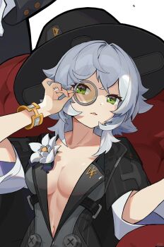  1girl bad_source black_jacket bracelet breasts car car_interior cleavage coat collarbone flower green_eyes grey_hair hat highres jacket jewelry looking_at_viewer medium_breasts monocle motor_vehicle navel open_clothes original parted_lips short_hair short_sleeves sitting solo steering_wheel upper_body white_flower white_hair zhiluo_zhiro 