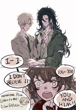 >_< 1girl 2boys beard beard_stubble black_hair brown_hair character_name chibi closed_mouth collar dirty dirty_clothes dirty_face english_text eyebrows_hidden_by_hair eyelashes facial_hair facial_scar formal_clothes green_necktie gryffindor hand_on_another's_arm hand_on_another's_back hand_on_another's_shoulder harry_potter_(series) harry_potter_and_the_prisoner_of_azkaban height_difference hermione_granger index_finger_raised long_hair messy_hair multiple_boys multiple_scars necktie open_mouth panels pixiv_id_7170486 pointing remus_lupin scar scar_on_cheek scar_on_face scar_on_neck scar_on_nose shirt short_hair shouting simple_background sirius_black speech_bubble stubble suit tattoo teeth upper_teeth_only white_background wing_collar wizarding_world