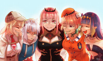  0kamikamisama 5girls absurdres beret black_dress black_tiara blonde_hair blue_eyes blue_hoodie blunt_bangs bow breasts brown_hat brown_jacket choker cleavage closed_eyes closed_mouth collarbone collared_shirt commentary dated dress earrings english_commentary eyelashes fang feather_earrings feathers fur-trimmed_choker fur_trim gawr_gura gawr_gura_(1st_costume) green_bow hand_on_another's_head hat hat_bow headpiece highres hololive hololive_english holomyth hood hood_down hoodie jacket jewelry long_hair medium_hair mini_chef_hat mini_hat mori_calliope mori_calliope_(1st_costume) multiple_girls multiple_hats necktie ninomae_ina'nis ninomae_ina'nis_(1st_costume) one_eye_closed open_clothes open_jacket open_mouth orange_bow orange_hair orange_hat orange_vest pink_eyes pink_hair pointy_ears purple_eyes purple_hair red_necktie ruffling_hair shirt sidelocks signature smile spikes takanashi_kiara takanashi_kiara_(1st_costume) tentacle_hair tiara upper_body vest virtual_youtuber watson_amelia watson_amelia_(1st_costume) white_hair white_hat white_shirt 