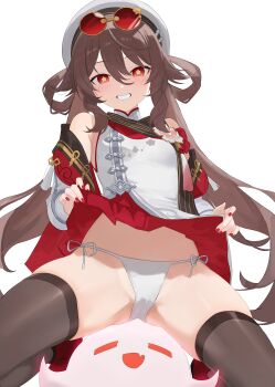 1girl absurdres black_thighhighs boo_tao_(genshin_impact) brown_hair brown_scarf cameltoe chinese_clothes clothes_lift dress eyewear_on_head flower-shaped_pupils genshin_impact ghost hair_between_eyes hair_rings hat highres hu_tao_(cherries_snow-laden)_(genshin_impact) hu_tao_(genshin_impact) lifting_own_clothes long_hair long_sleeves looking_at_viewer nbee_ya official_alternate_costume panties red-tinted_eyewear red_eyes red_goggles red_nails red_skirt round_eyewear scarf side-tie_panties skirt skirt_lift smile solo sunglasses symbol-shaped_pupils teeth thighhighs tinted_eyewear twintails underwear white_hat white_panties yellow-framed_eyewear rating:Sensitive score:71 user:danbooru