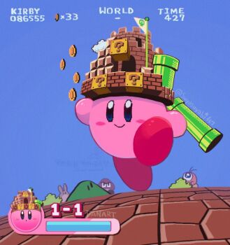 ?_block annotated antenna_hair artist_name black_eyes block_(mario) blue_eyes blue_sky brick bush castle closed_mouth coin copy_ability crossover flag flagpole goomba heads-up_display health_bar hill holding kirby kirby's_return_to_dream_land kirby_(series) looking_at_another mario_(series) nintendo number_pun one-eyed outdoors polof score sky smile standing super_mario_bros._1 suyasuyabi twitter_username user_interface waddle_doo walking warp_pipe