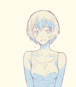  1girl a1_(initial-g) ayanami_rei breasts covered_erect_nipples female_focus highres monochrome neon_genesis_evangelion non-web_source short_hair sketch small_breasts smile solo sweat tank_top  rating:Sensitive score:31 user:danbooru