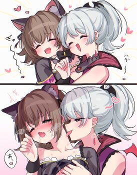  2girls :3 animal_ears bang_dream! bang_dream!_girls_band_party! breasts cleavage commentary_request drooling earrings fake_animal_ears fang groping hickey highres jewelry licking licking_another's_neck medium_hair meu203 multiple_girls open_mouth ponytail saliva skin_fang wakamiya_eve white_hair yamato_maya yuri 