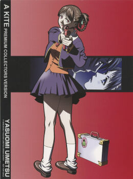  1boy 1girl a_kite aiming artist_name black_border blue_eyes blush border braid braided_hair_rings brown_hair brown_shoes copyright_name full_body green_ribbon gun hair_rings hetero highres holding holding_gun holding_weapon imminent_kiss jacket loafers looking_at_viewer looking_back miniskirt non-web_source oburi_(kite) official_art orange_shirt pendant_earring pleated_skirt red_background red_eyes ribbon sawa_(kite) scan shirt shoes skirt socks suitcase umetsu_yasuomi weapon white_socks 