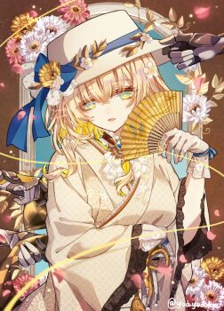  1girl aglaea_(honkai:_star_rail) blonde_hair blue_ribbon breasts commentary_request fingernails flower green_eyes hair_between_eyes hand_fan hand_up hat hat_ribbon highres holding holding_fan honkai:_star_rail honkai_(series) japanese_clothes kimono open_mouth parted_lips pink_flower ribbon smile solo twitter_username upper_body white_flower white_hat wide_sleeves yellow_flower yoake_(yoakey) 