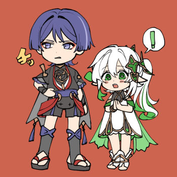  ! 1boy 1girl anklet armlet armor arms_at_sides black_kimono black_sandals black_shorts black_sleeves bloomers blunt_ends blush bracelet bright_pupils cape chibi chibi_only choppy_bangs colored_tips commentary_request cross-shaped_pupils detached_sleeves dress eyelashes eyeliner frilled_sleeves frills furisode genshin_impact gold gold_trim green_cape green_eyes green_hair green_sleeves hair_between_eyes hair_ornament hand_on_own_hip heart heart_hair_ornament japanese_armor japanese_clothes jewelry juban kimono kote kurokote layered_shorts layered_sleeves leaf leaf_hair_ornament long_hair looking_at_viewer looking_to_the_side makeup mitsudomoe_(shape) momonga_damon multicolored_hair nahida_(genshin_impact) neck_ring o-ring open_clothes open_kimono open_mouth own_hands_together palms_together parted_lips pointy_ears purple_eyes purple_hair purple_sash purple_shorts purple_sleeves red_background red_eyeliner red_kimono red_sash sandals sash scaramouche_(genshin_impact) shorts side_ponytail sidelocks single_sode socks speech_bubble spoken_exclamation_mark standing stirrup_legwear streaked_hair symbol-shaped_pupils tareme tassel teeth toeless_legwear toeless_socks tomoe_(symbol) underwear upper_teeth_only white_bloomers white_dress white_hair white_kimono white_mouth white_pupils white_socks zouri 