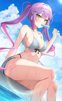  1girl absurdres bikini blue_shorts breasts collarbone denim denim_shorts eating food green_eyes highres holding holding_food holding_popsicle hololive large_breasts long_hair looking_at_viewer mogmog_megmog popsicle purple_hair short_shorts shorts sitting solo sun sunlight swimsuit tokoyami_towa twintails virtual_youtuber white_bikini  rating:Sensitive score:11 user:danbooru
