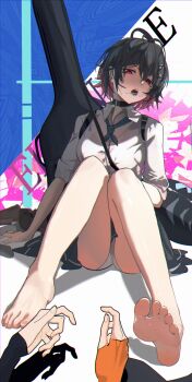  1girl 1other absurdres barefoot belle_(zenless_zone_zero) bigchaping black_choker black_hair black_skirt blue_neckerchief blush breasts candy choker colored_inner_hair commentary_request ellen_joe ellen_joe_(on_campus) feet fins fish_tail food guitar_case hair_between_eyes hair_ornament hairclip highres instrument_case knees_up lollipop lollipop_in_mouth looking_at_viewer mole mole_under_eye mouth_hold multicolored_hair neckerchief open_mouth out_of_frame panties pov razor_blade_hair_ornament red_eyes red_hair shark_girl shark_tail shirt short_hair sitting skirt sleeves_rolled_up solo_focus sweat tail toes underwear white_panties white_shirt x_hair_ornament zenless_zone_zero  rating:Sensitive score:20 user:danbooru